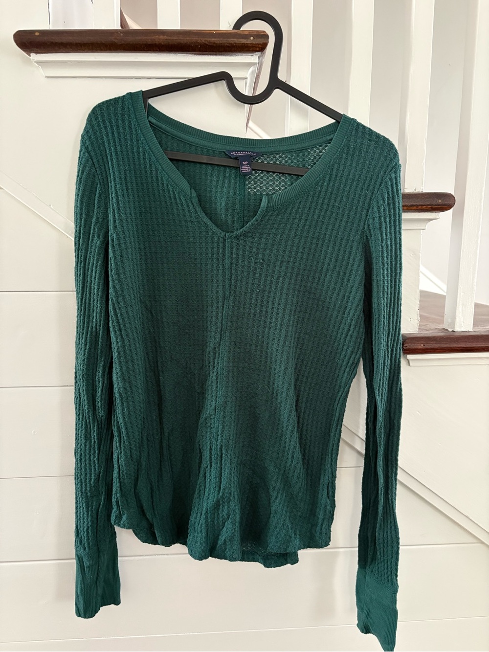 Aeropostale Women's Dark Teal Waffle Knit Long Sleeve Top
